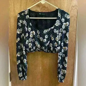 Zara Floral Daisy Print Top Womens Size X-Small Cropped Long sleeve Scoop Neck
